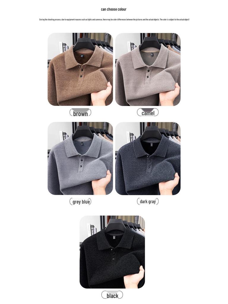Men's Plus Velvet Knitwear Winter Lapel Polo Shirt - Middle-aged Casual Warm Long Sleeve Sweater Base Layer