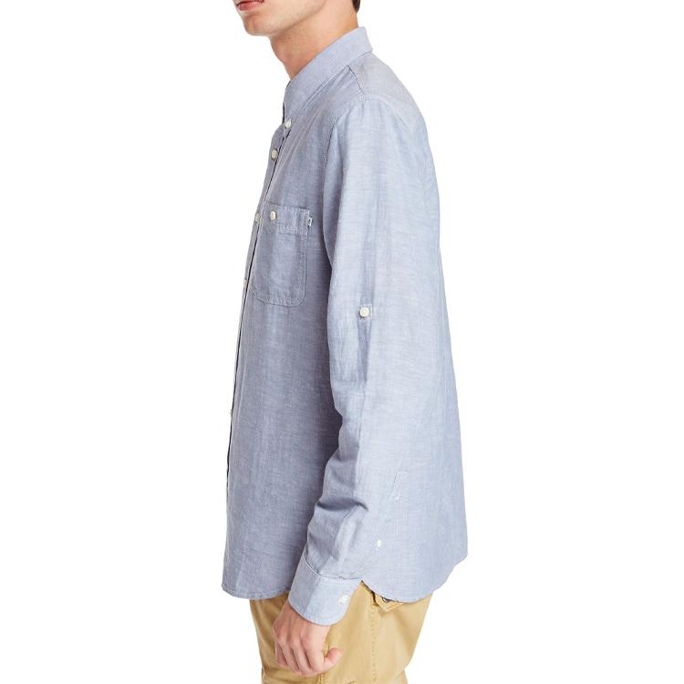 Timberland Button Single Pocket Cotton Linen Casual Slim Fit Long Sleeve Shirt Men Shirts Sky-Blue A2BDKB02