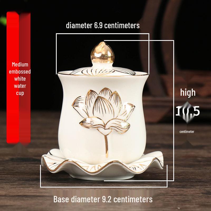 Coppa per Acqua per Altare Buddista in Ceramica di Loto con Mantra della Grande Compassione - Tazza per Offerte a Guanyin
