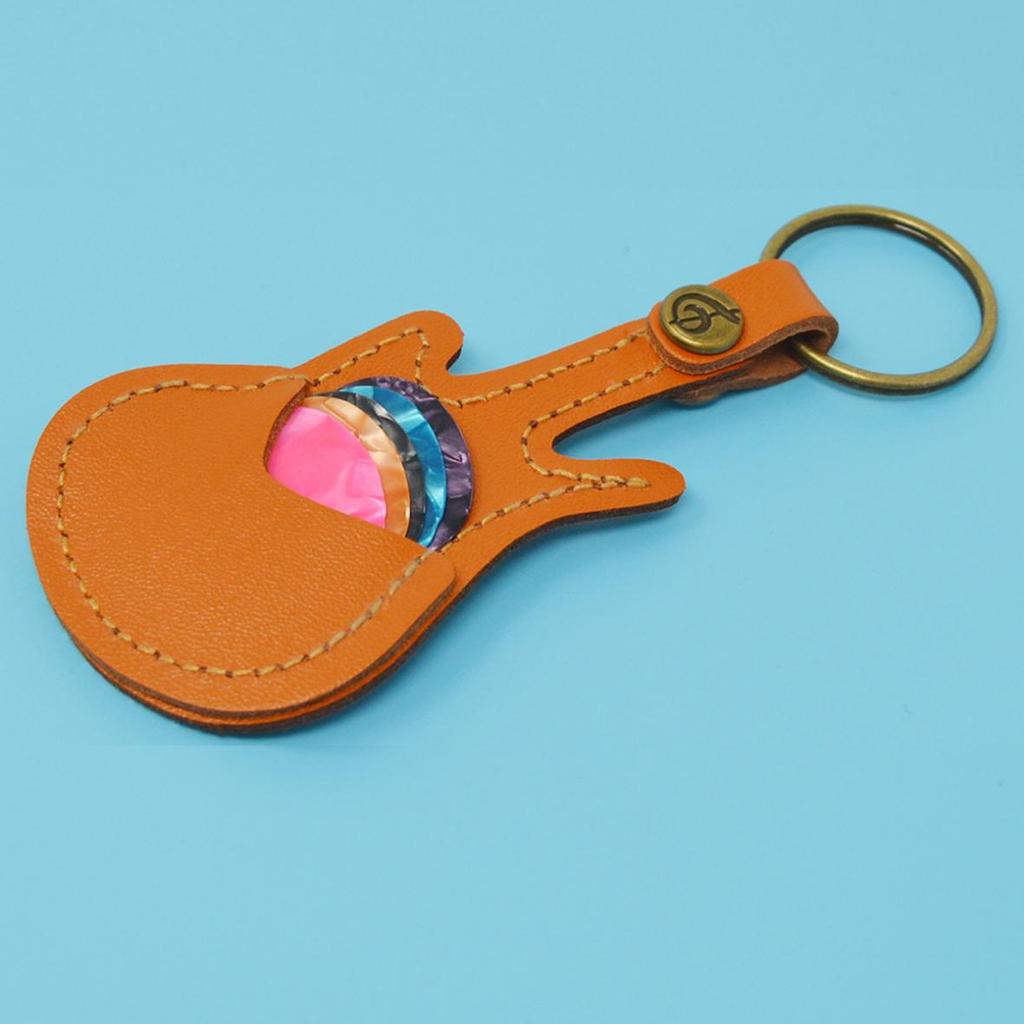 Genuine Leather Guitar Picks Holder Key Chain with 5 Picks Khaki / Green Optional