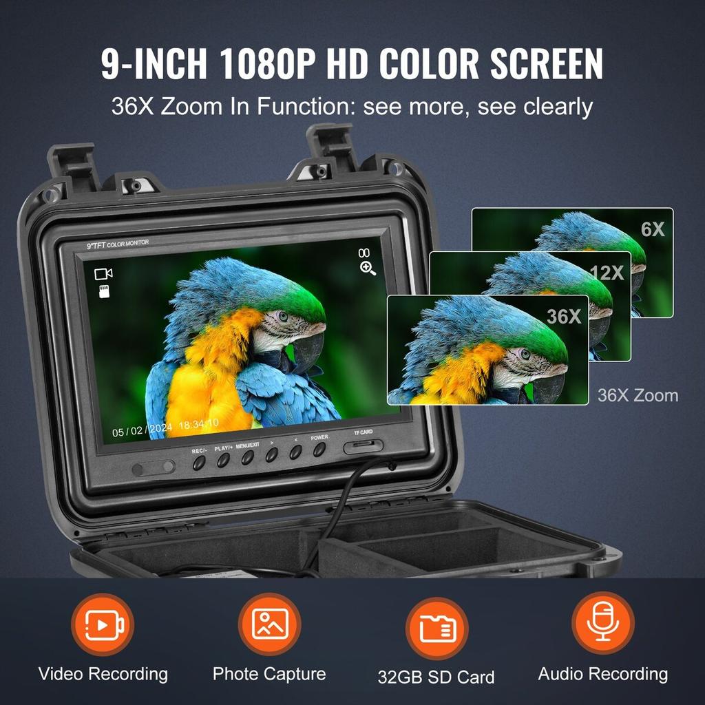 Sewer Camera 98 ft/30m Self-Leveling Drain Camera with 9" Screen 36X Zoom