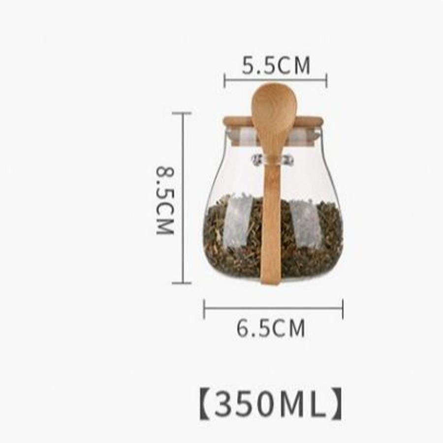 Bamboo-lid glass airtight jar with wooden spoon, multi-capacity tea and dried goods storage jar, kitchen food preservation storage jar. 1pc