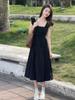French Small Flying Sleeves Black Square Neck Sleeveless Dress Women's Summer Small Looking Thin Temperament Medium and Long Skirt New