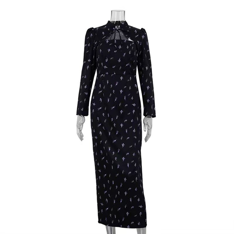 

French style Lace-up Print Long sleeve Temperament Waist Hugging Split Dress Printed Long Sleeve Dress Black L