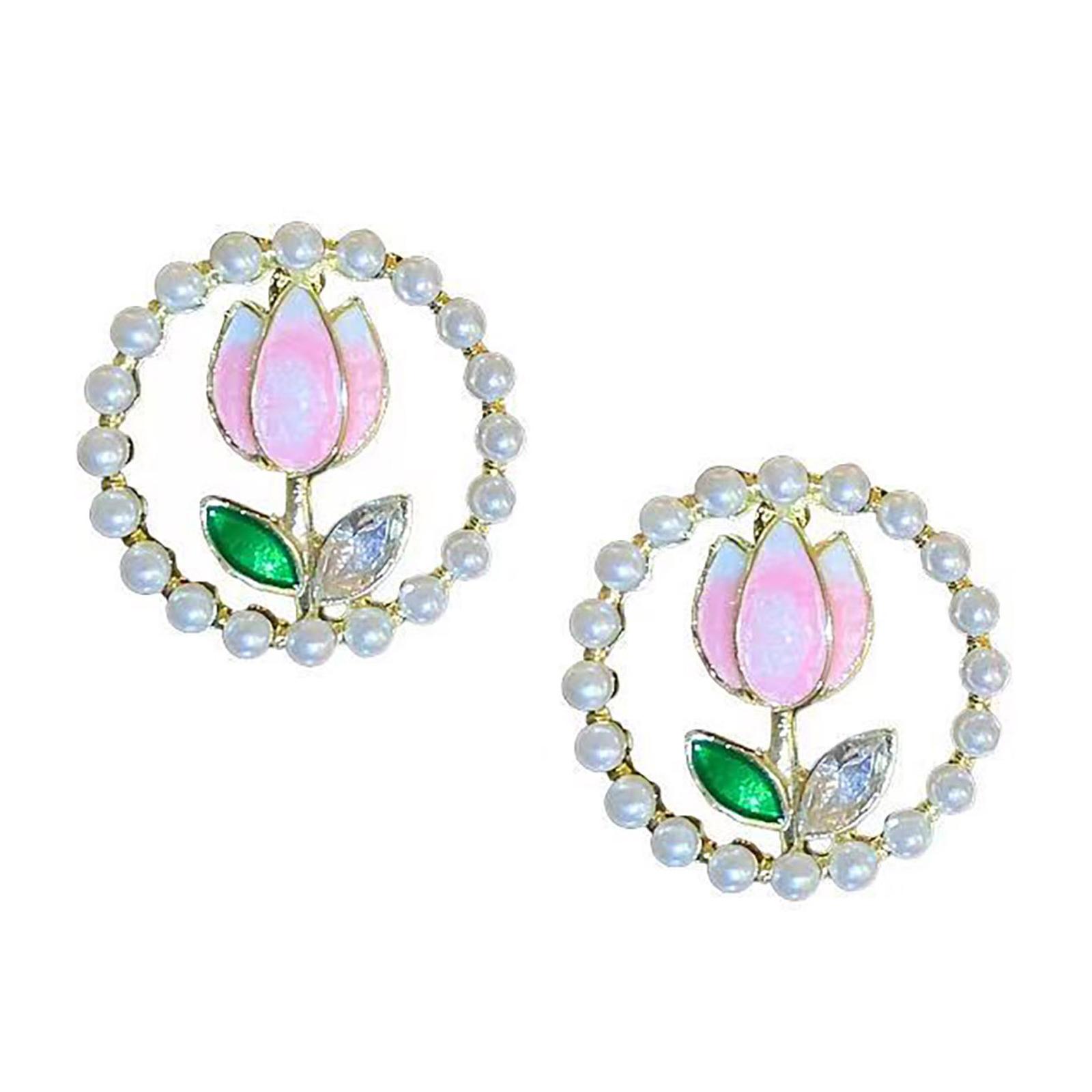 Delicate Flower Earrings Decoration for Women Crystals Stone and Imitation Pearls Studs with Rhinestones Detail 1