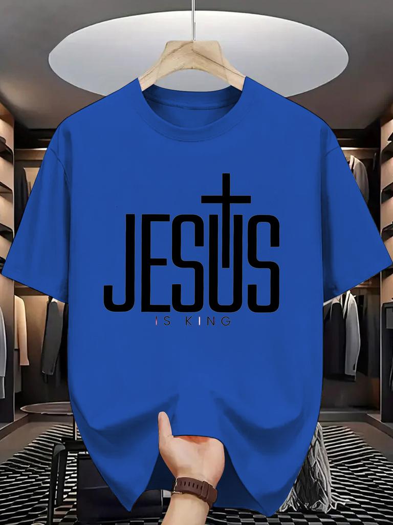 Christlicher Glaube Aufdruck Unisex Kurzarm T-Shirt Jesus Ist König Kreuz Text Rundhals T-Shirt Religiöser Glaube Stil Männlich Streetwear Mode Oberteil