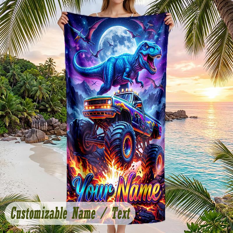 Monster Truck Theme Beach Towel Personalized Custom Name & Text Soft Quick Dry Beach Towel for Swimming Travel