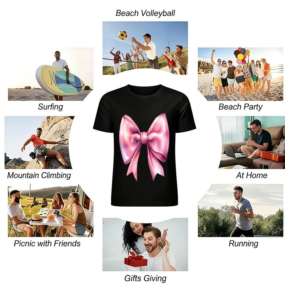 Dreamy Pink Bow Print Casual Daily Top For Girls Pure cotton T-shirt