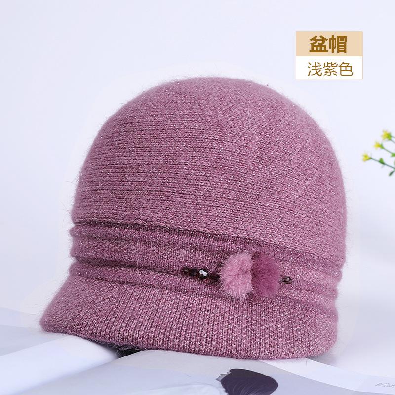 Hat Female Autumn and Winter Elderly Person Scarf Warm Middle and Old Lady Winter Rabbit Wool Mother Wool Hat Fleece Basin Hat