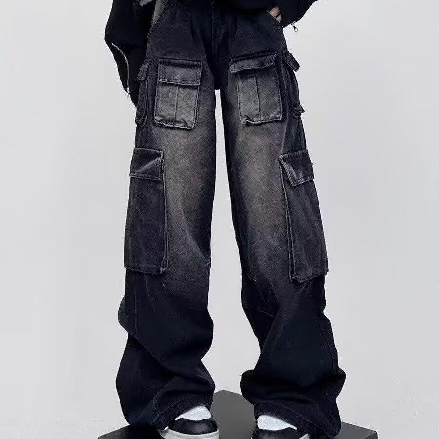 Neue High-Street-Jeans mit vielen Taschen, schwarz, Workwear, für Paare, lockere gerade Hosen, Herren- und Damenhosen