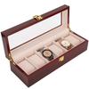 Wooden 6 Grid Watch Display Box Transparent Window Watch Storage Box (Red)
