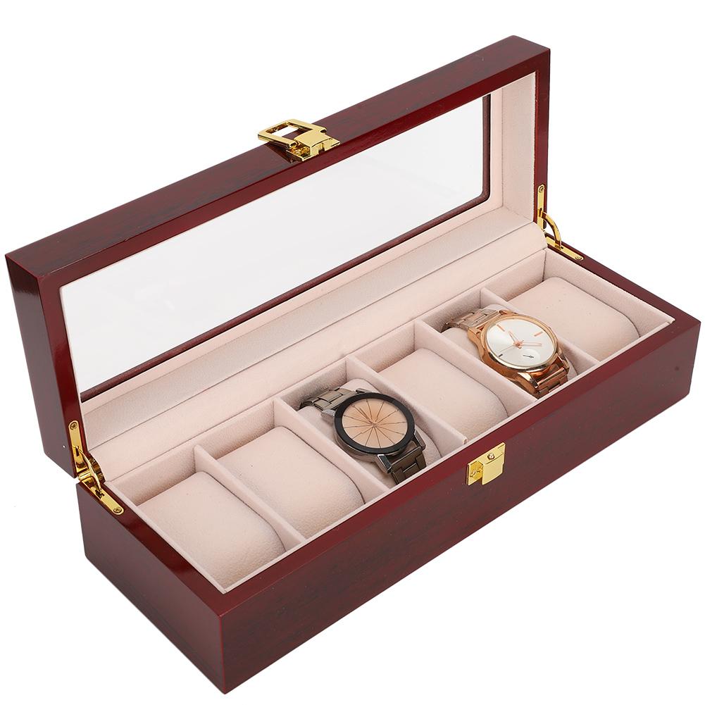 Wooden 6 Grid Watch Display Box Transparent Window Watch Storage Box (Red)