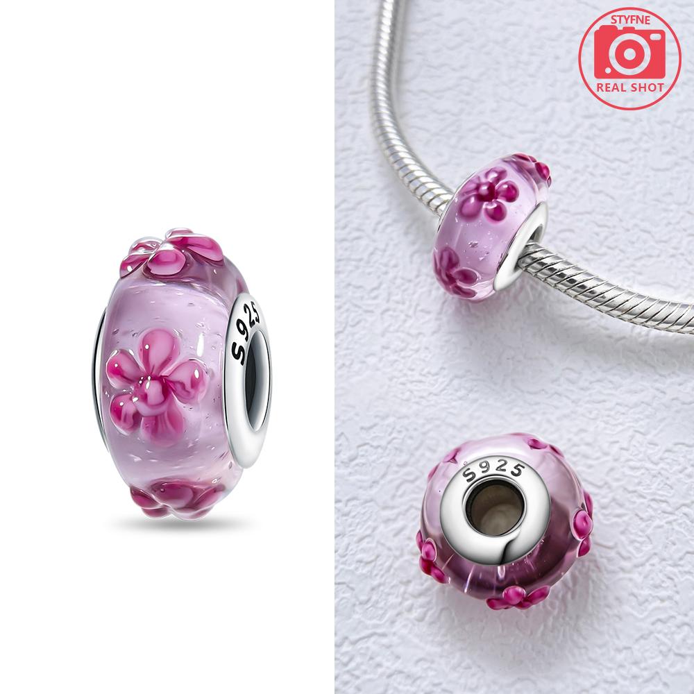 Pink Flowers Murano Original Glass Beads Copper Colors For Charms Copper Colors Original Bracelet For Jewelry Making