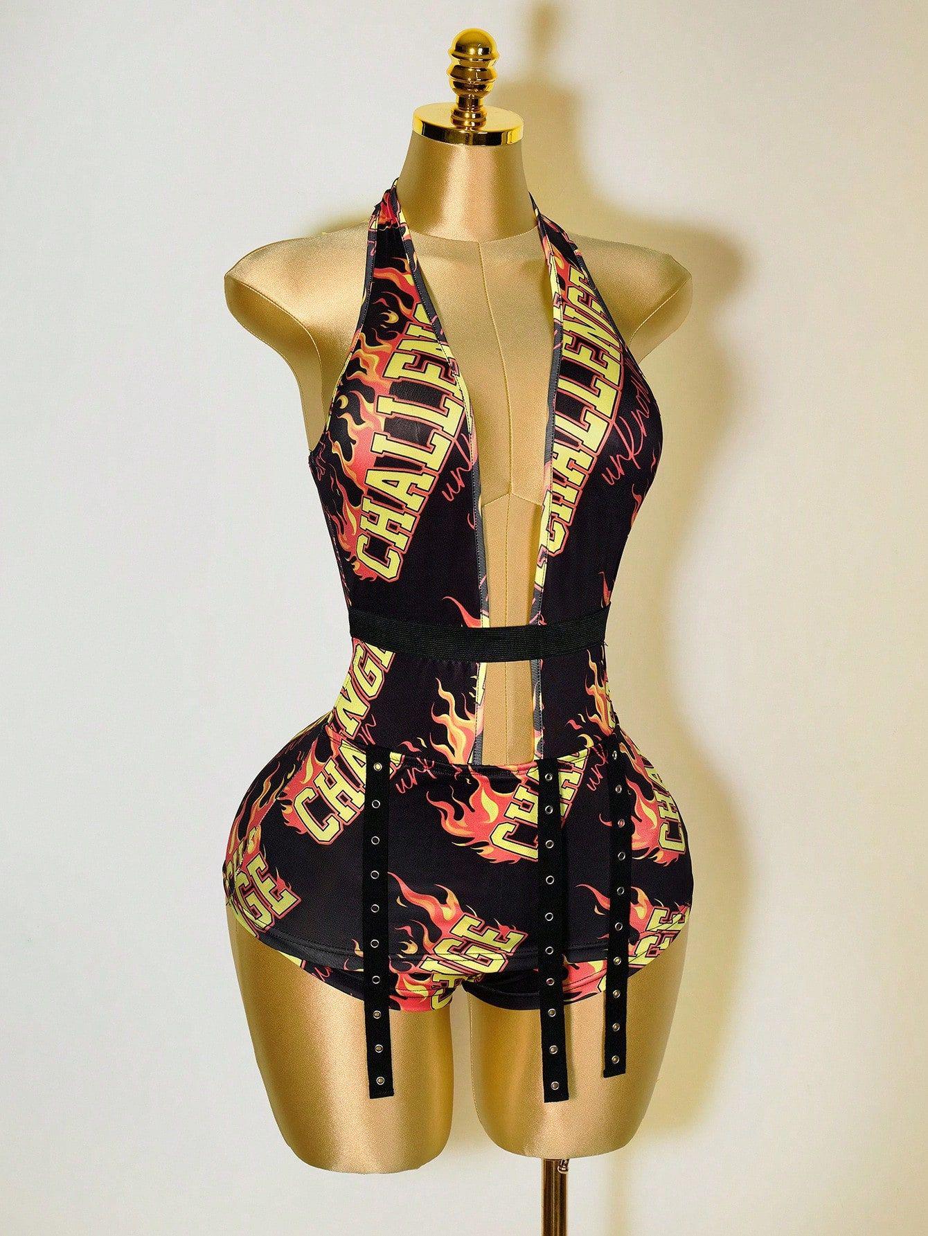

2026 Summer European & American Halter V-Neck Jumpsuit with Letter Print Extra Large чорний