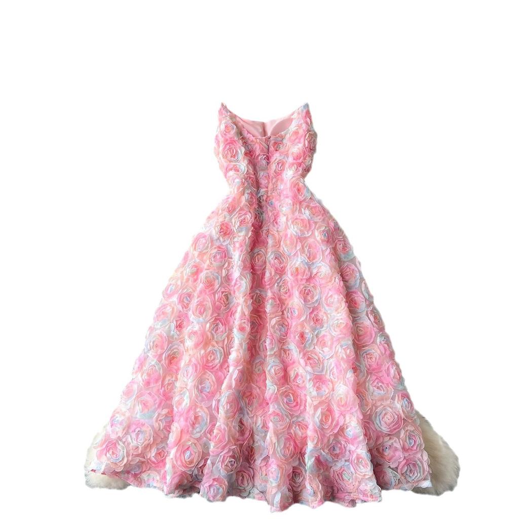 High-end Celebrity Small Dress Women's Dinner Party Dress Heavy Industry Three-dimensional Rose Flower Waist Suspender Dress Women