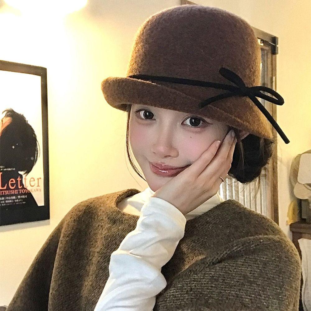 Elegant Woolen Bucket Hat Bowknot Wool Fisherman Hat Retro Hepburn Style Topper Hat Outdoor