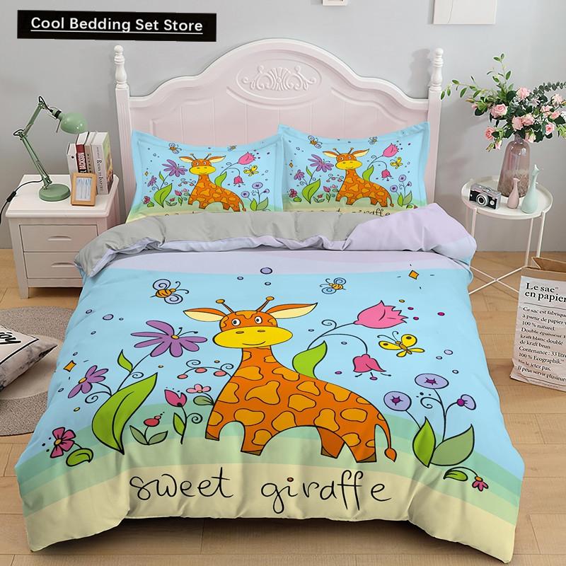 Federa per piumino a forma di giraffa cartone animato King Queen Animali Tropicali Set Biancheria da letto per Bambini Ragazzi Ragazze Adorabile Fauna Selvatica Poliestere Copripiumino