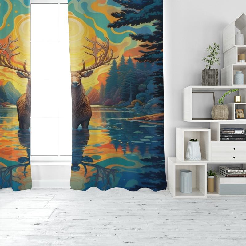Moose Portrait - Printed Curtain, Polyester Semi-transparent 2pcs Curtain - for Living Room Decor, Home Decor (excluding Poles)