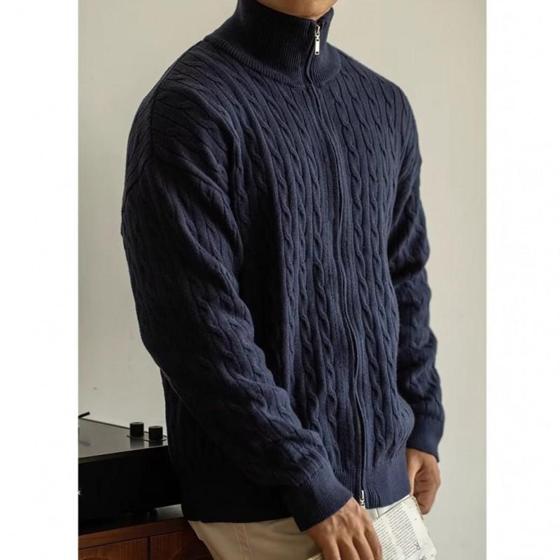Mens Cable Knit Zipper Cardigan Stand Collar Sweater Fall Casual Vintage Style