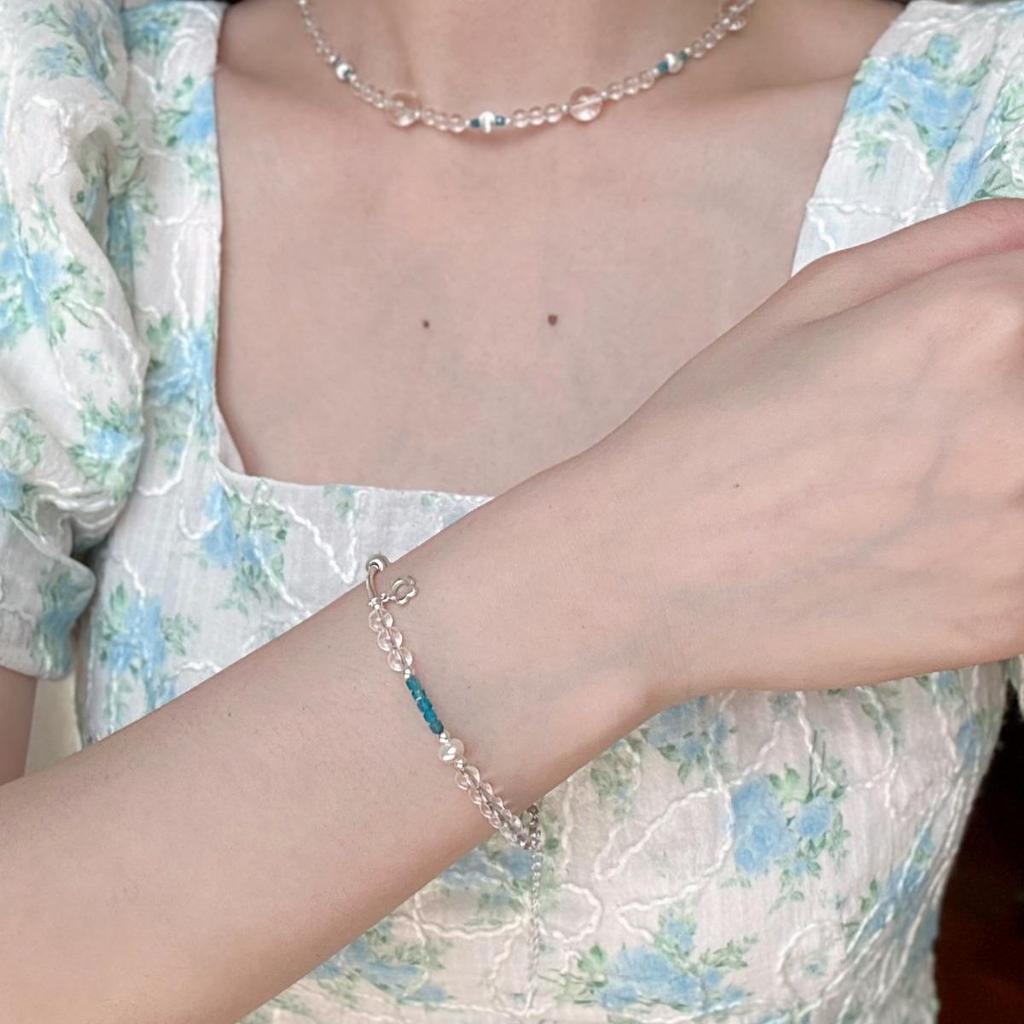 S925 Sterling Silver Bracelet with White Crystal, Cat's Eye, Natural Pearl, and Blue Apatite - Exquisite Women's Fashion Jewelry.