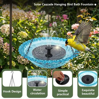 Solar Fountain Hanging Bird Bath Floating Outdoor Bird Feeder Water Pump with 6 Nozzles for Garden Balcony Pond