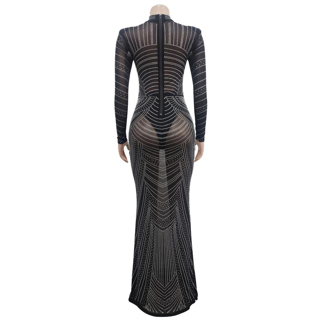 V-neck Long Sleeve Mesh Dress with Hot Drill Accents