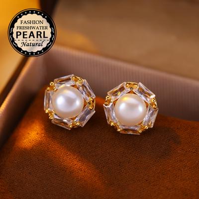 Orecchini in Perle d'Acqua Dolce Naturali Moda Zirconia Cubica Orecchini a Bottone con Perla Per Donna Gioielli da Festa