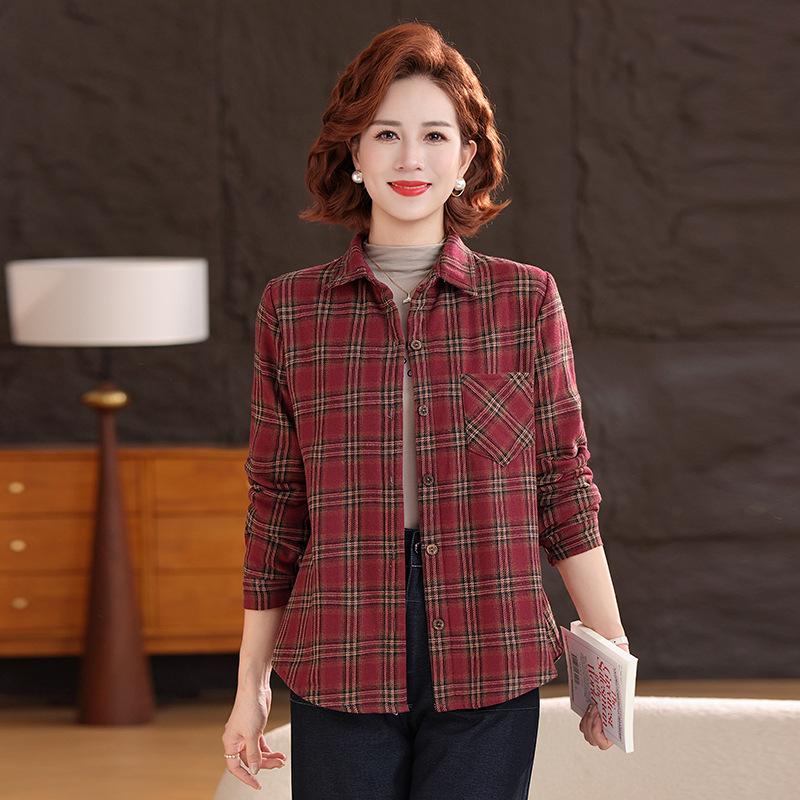 

2026 Plaid Long-Sleeved Shirt for Middle-Aged and Elderly Women - Spring and Autumn Casual Jacket Style 2XL (suggested weight 100-115 jin) красный