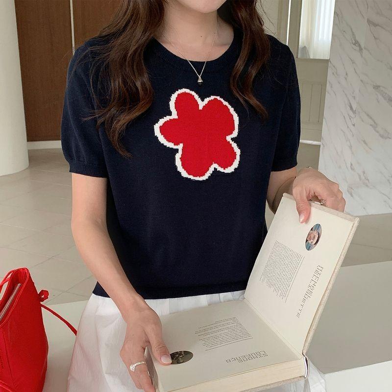 

Womens Flower Print Short Sleeve Knit T Shirt M