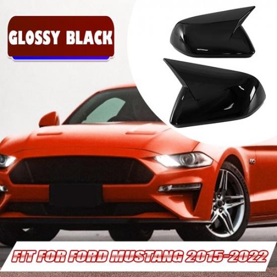 Glossy Black Horn Style Side Mirror Cover Caps Trims for Ford Mustang 2015-2022