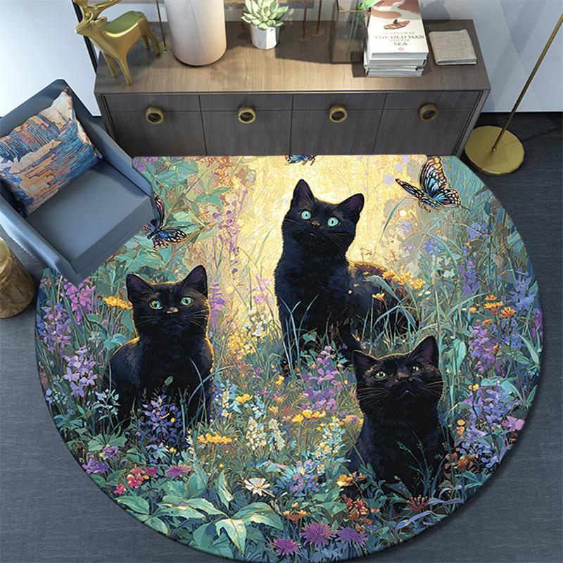 Black Cat Round Area Rug,Carpet Rug for Living Room Bedroom Sofa Playroom Decor,Non-slip Floor Mat