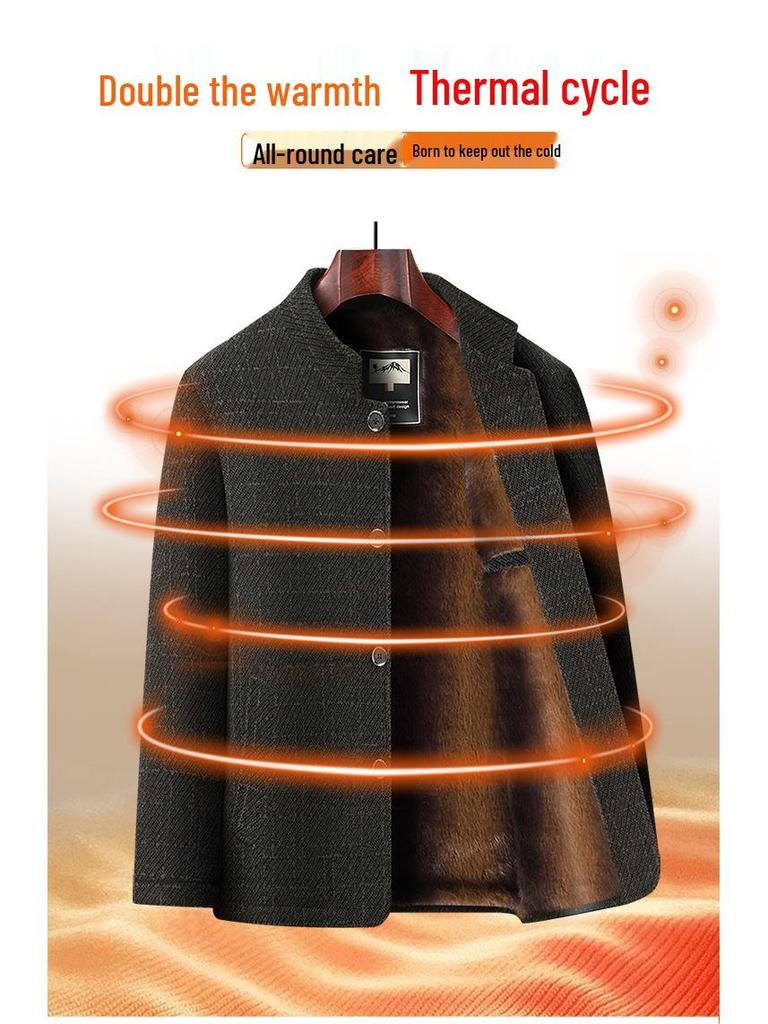 Men's Winter Wool Coat: Dad Style Stand Collar, Plus Velvet Thickened, Mid-Length Jacket for Middle-Aged and Elderly.