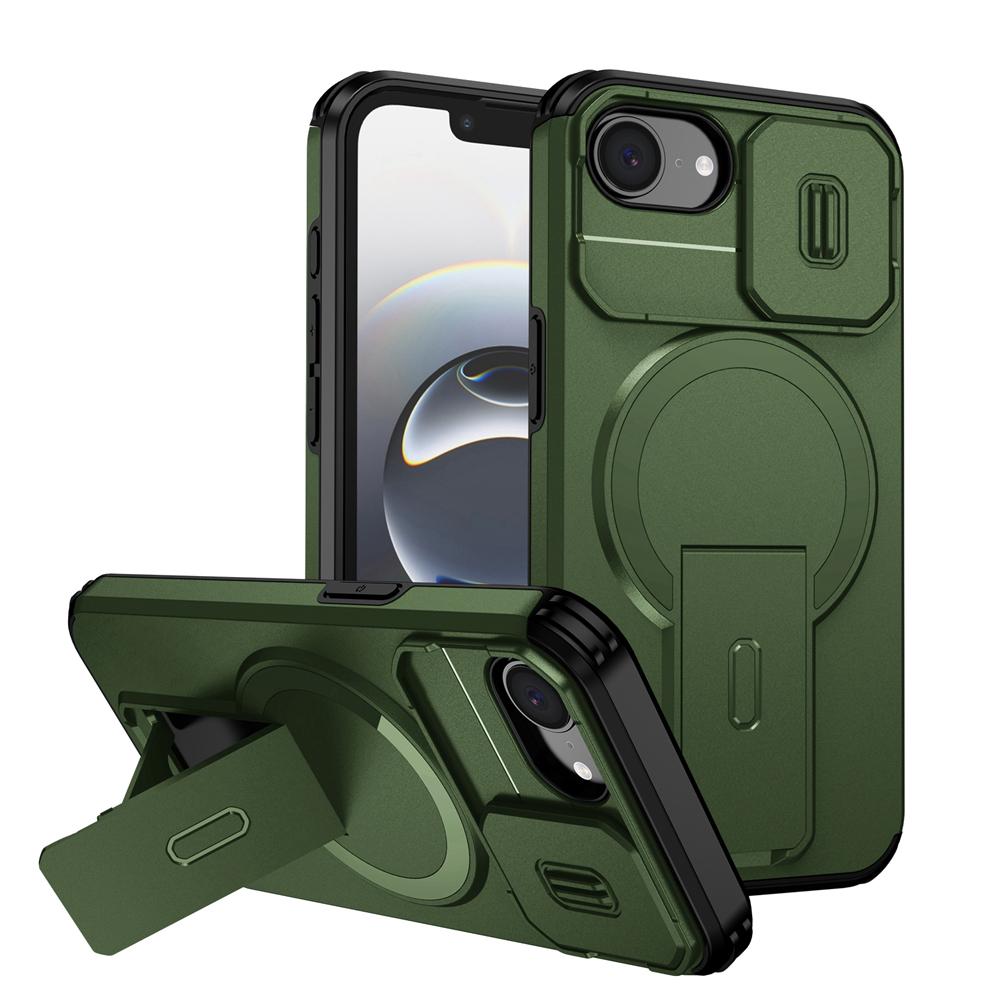 KEYSION Shockproof Armor Magnetic Case for iPhone 16e Silicone+PC Slide Camera Protect Kickstand Wireless Charging Phone Cover
