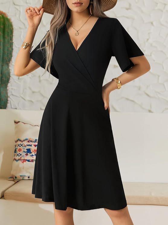 Women's Floral V-Neck A-Line Wrap Dress - Short Sleeve, Elegant & Stylish