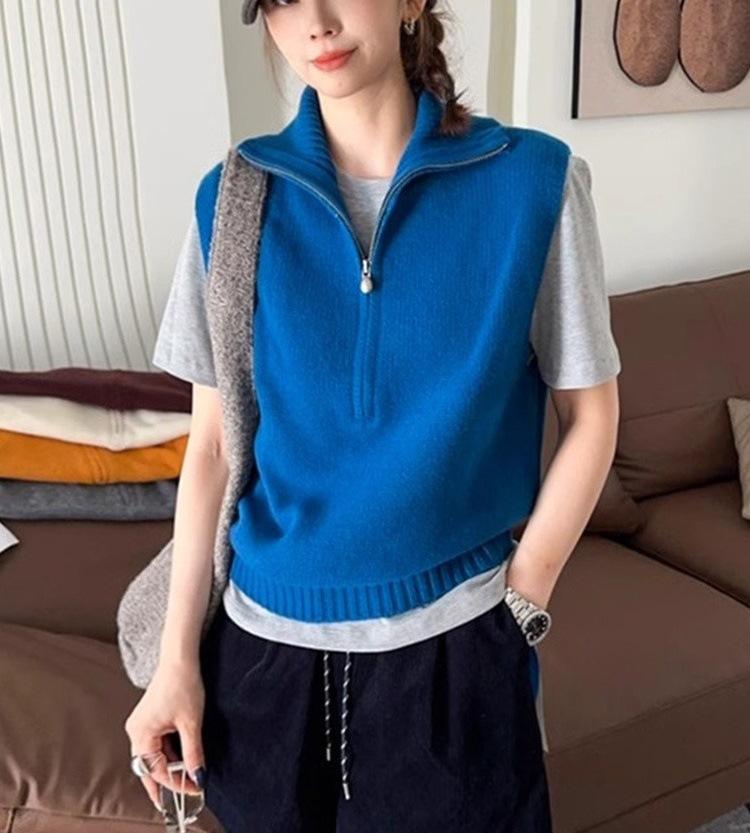 Slack retro half zipper sleeveless knitted vest chic stacked foreign style age-reducing top casual vest