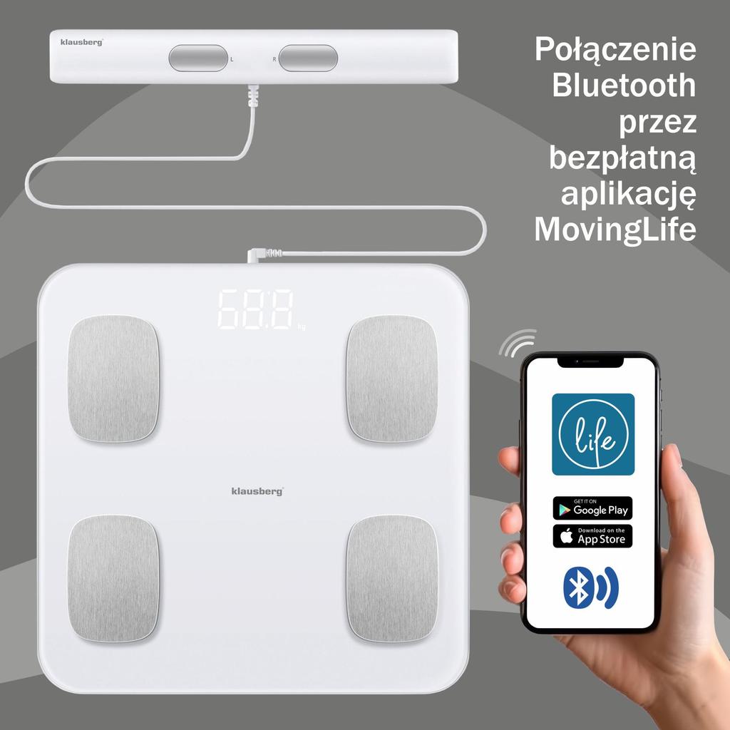 Waga łazienkowa z pomiarem tkanki tłuszczowej i składu ciała, Smart, BT,  KLAUSBERG KB-7853 biała