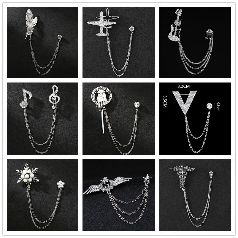 Men's Korean Style Eagle Guitar Brooch with Rhinestone Chain Badge