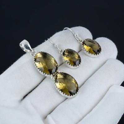 Sada přívěsků s kouřovým topazem, ručně vyráběné drahokamy kouřový topaz, náušnice a přívěsky ze stříbra 925 pro ženy, dárek z vaty.
