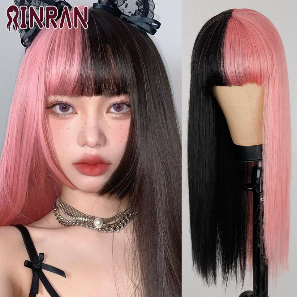 XINRAN Lange gerade weinrote Perücke mit Pony, synthetische Perücken für Frauen, hitzebeständiges Naturhaar für die tägliche Halloween-Cosplay-Party
