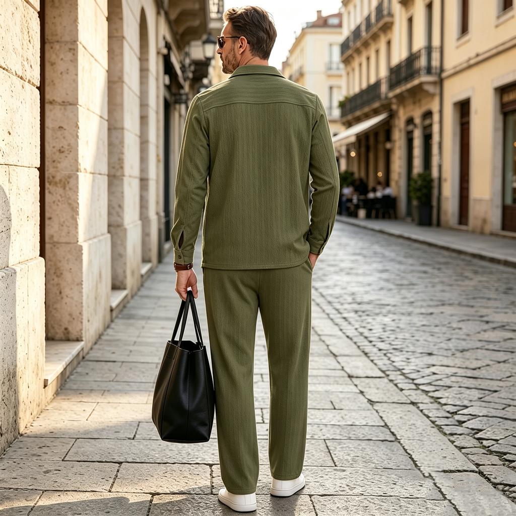 Men's Casual 2-Piece Sport Outfit with Lapel Jacket Button Pockets and Straight Leg Pants