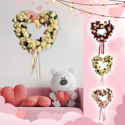 Guirlanda de Flores Artificiais Coração 35cm, Decoração de Porta em Forma, Pendente de Porta, Rosa, Decoração de Quarto de Casamento