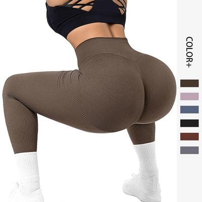 Women High Waisted Yoga Pants Ribbed Seamless Gym Leggings Solid Sport Fitness Running Training Tights Tummy Control Workout Female