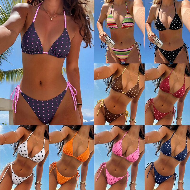 Polka Dot Print Sexy Triangle Cup Tie Side Two Piece Bikini Set Elegant For Beach Wear