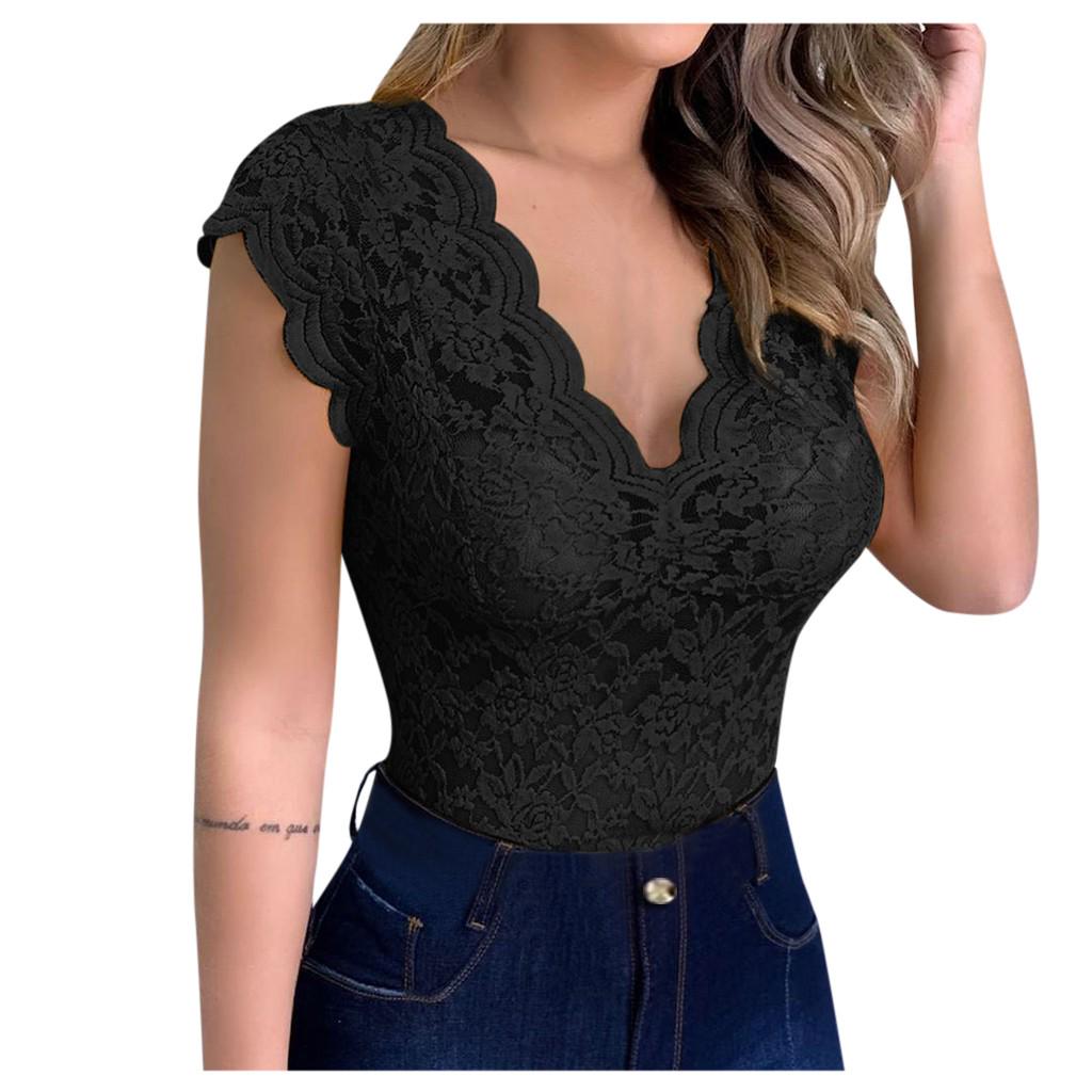 Women Sexy Solid V-neck Sheer Mesh Lace Sleeveless Slim Bodysuit