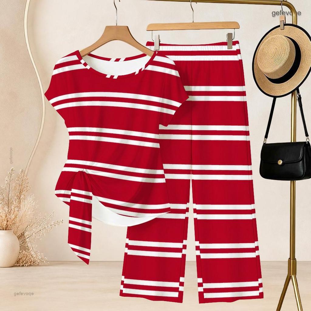 Women Plus Size Round Neck Short Sleeve Knot Hem Red White Striped Printed Two Piece Pants Set