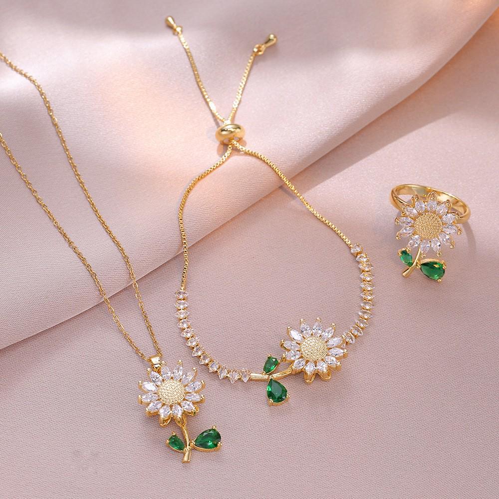 Japanese-Korean Style Sunflower Zircon Necklace & Earrings Set for Women