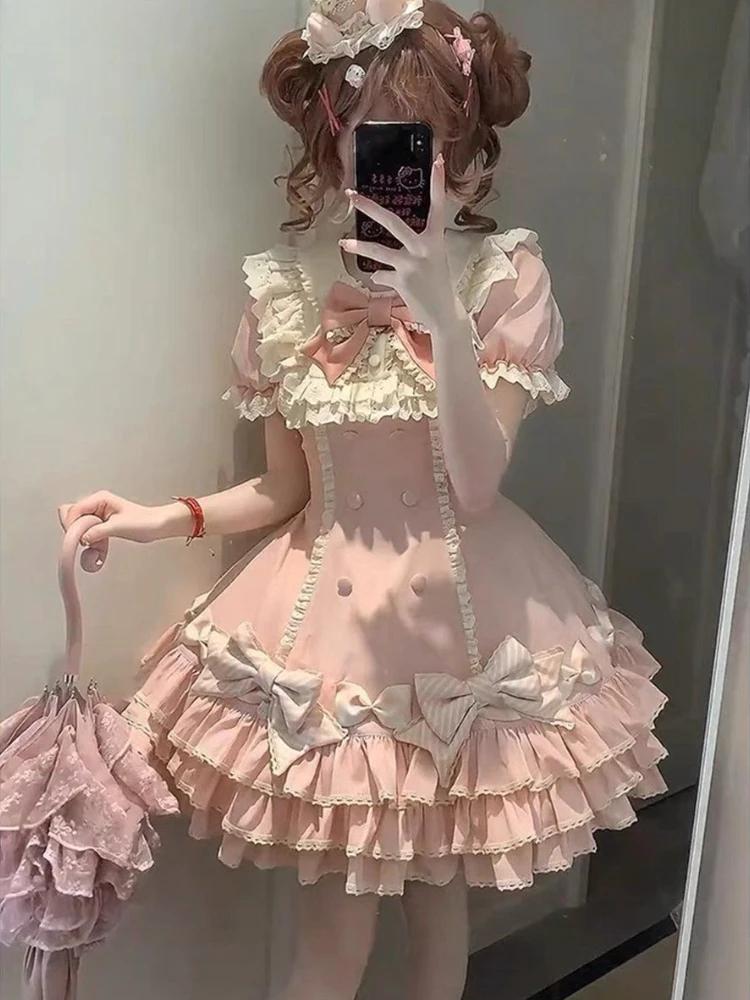 Japanisches Sweet Lolita Kawaii Elegantes Kleid Damen Prinzessin Y2k Schleife Fake Zweiteiler Kleider Weiblich Korea Stil Design Schicke Outfits