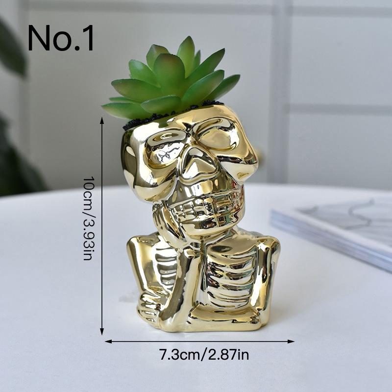 Creative Golden Skull Flower Pot Succulent Pot Ceramic Planter Home Decor Desktop Ornaments Bonsai Plant Pot Garden Decoration