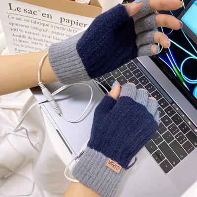 USB Heating Gloves Knitted Color Matching Adult Student Half-finger Electric Heating Gloves USB Socket Warm Gloves Without Flip Cover