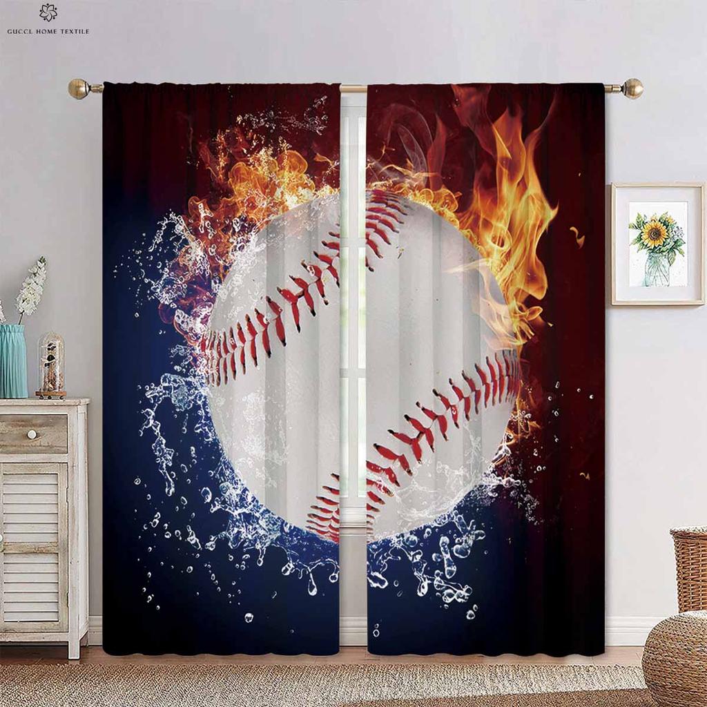 Football Rugby in Wasser und Feuer 3D-gedruckter Stangendurchzugsvorhang Schlafzimmer Wohnzimmer Küche Dekovorhang 2 Stück